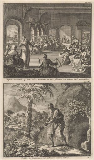 Early Christian community of women working in their monastery and Saint Paul the Hermit