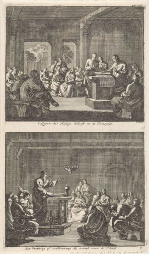 Early Christian community listening to a reading from the Bible and Early Christian community listening to a sermon