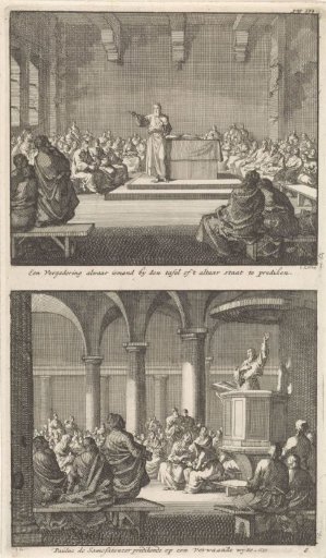 Sermon by a priest at an altar and Paul of Samosata preaching to the early Christian congregation