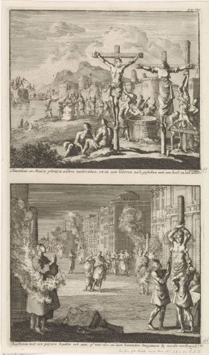 The Crucifixion of Saint Timothy of Rome and Saint Maura and Christians Being Burned at Night in Rome