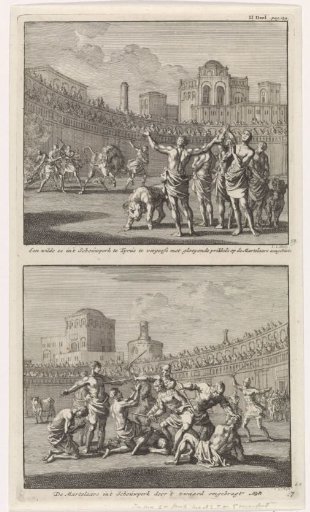 Early Christian martyrs in a Roman arena and Early Christian martyrs who are slaughtered in an arena