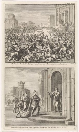 Emperor Theodosius I has seven thousand inhabitants of Thessaloniki slaughtered and Saint Ambrose who forbids Emperor Theodosius access to the church