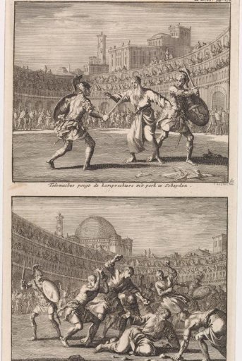 Saint Telemachus of Rome interrupts a gladiatorial fight and the stoning of Saint Telemachus