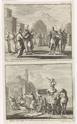 Prefect Orestes is mocked by monks and Hypatia being dragged from her carriage by Christians