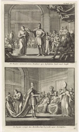 The emperor takes a canon's richly decorated hat and confronts the archbishop with the wealth of the church