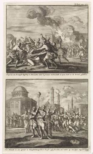 Gregory, an Arian bishop, is mistreated by opponents and the beheading of a monk during riots in Constantinople