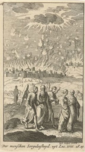 Lot and his daughters leaving the burning Sodom