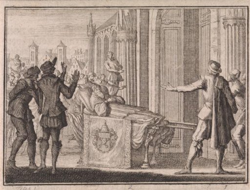 Deceased Pope Gregory VI is brought into St. Peter's Basilica on a bier