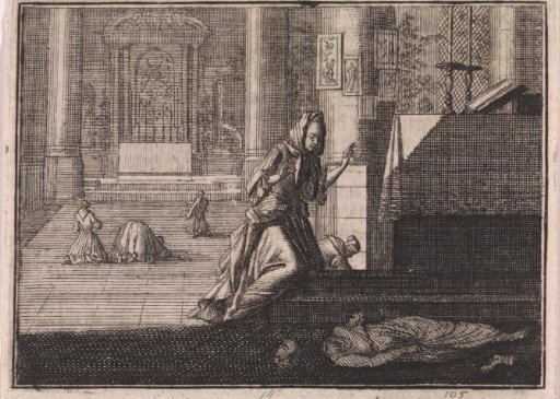Statue of St. Catherine falls to the ground while a girl worships it