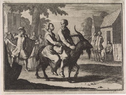 Farmer and woman transported together on the back of a goat