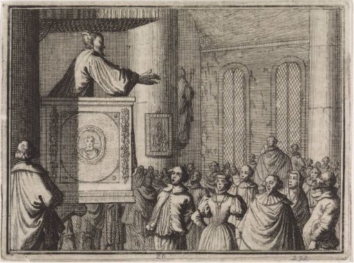 Devil addresses a crowd of people from a pulpit