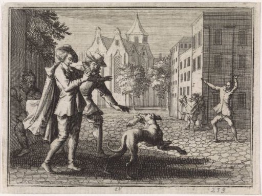 Dog walks with a lost foot in its mouth across the market of Memmingen