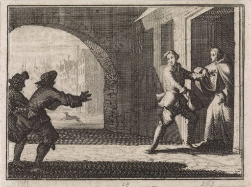 Two men try to prevent a boy from entering the monastery