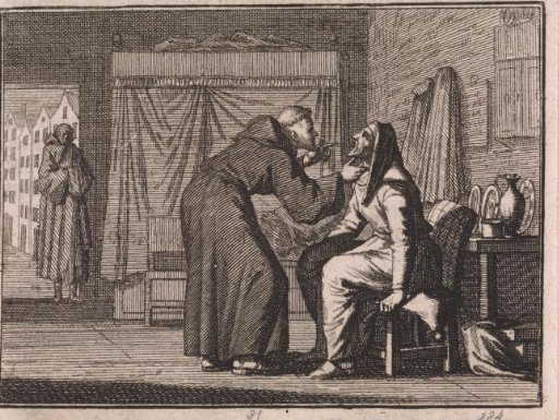 Monk looks into the wide-open mouth of an old woman