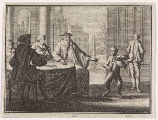 Monkey serves a company of gentlemen at table