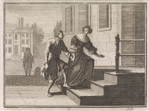 Wealthy woman leads a beggar up the steps of her house