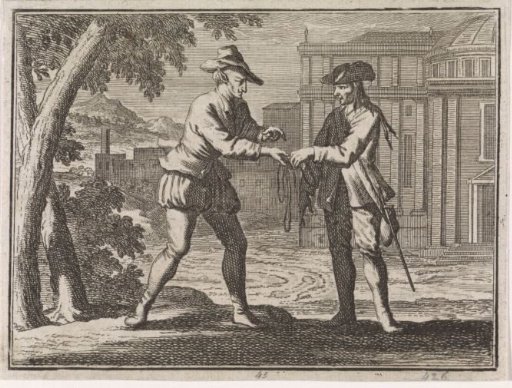 Devil hands a noose to an impoverished nobleman