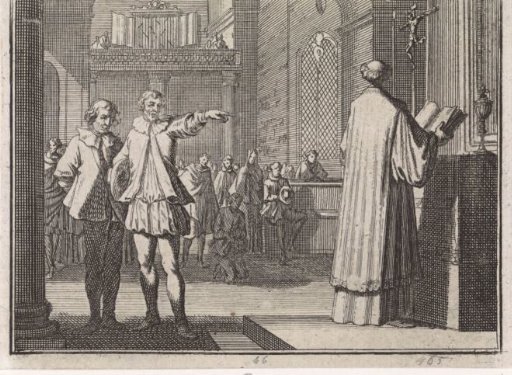 Young man points to a priest before the altar