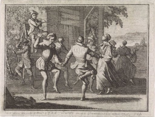 Group of dancing figures in the open air
