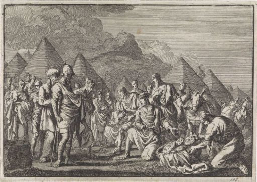 The Gibeonites show Joshua their mouldy bread and their old clothes