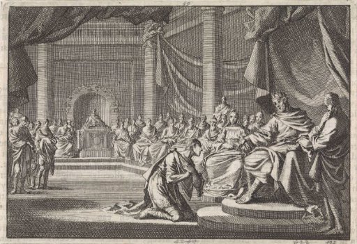 During a meeting, Antipater kneels before his father Herod