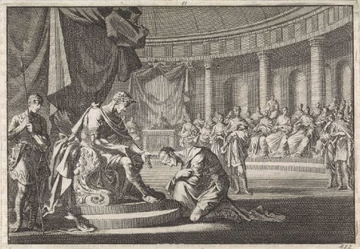 Archelaus, son of Herod, kneels in Rome before Emperor Augustus