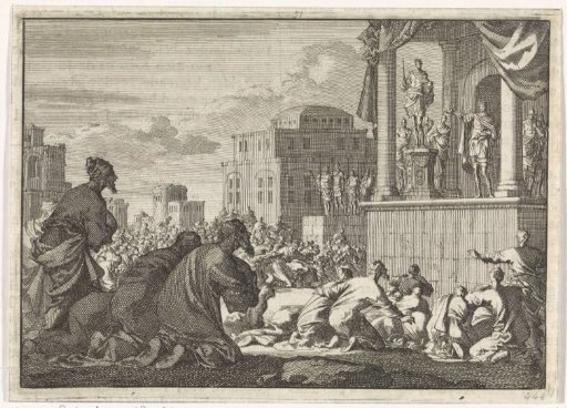 Jews beg Petronius not to place the emperor's statue in the temple
