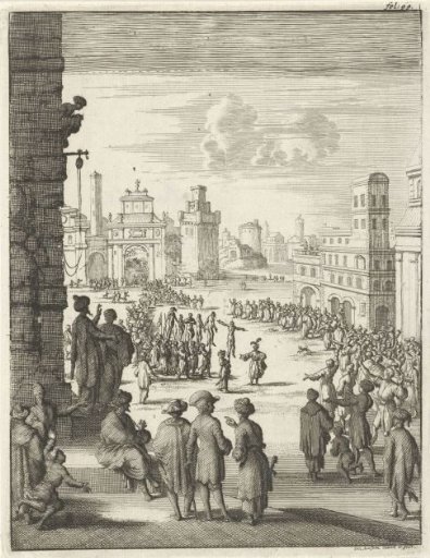 Skins of flayed inhabitants of Tlemcen displayed on stakes in a square in Algiers, 1627