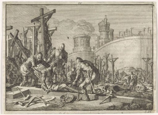 During the siege of Jerusalem, a number of captive Jews are crucified by the Romans
