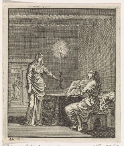 Woman lights a candle for a woman reading in a dark room