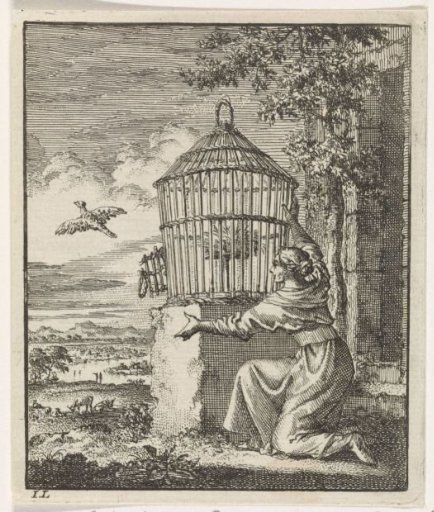 Woman frees a bird from a cage