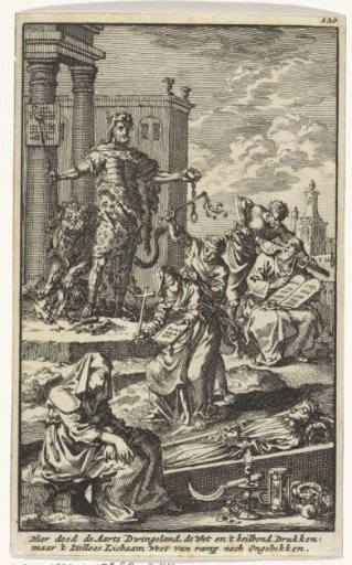 Tyrant watches as the personifications of the Law and Faith are oppressed