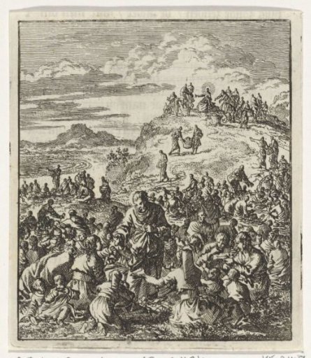 Apostles Distribute Bread to the Crowd, Christ Sits on Top of a Mountain