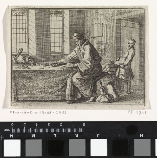 Man Counting Coins and a Boy Bringing Him Money Bags