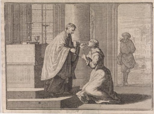 Priest giving a host to a kneeling woman before the altar