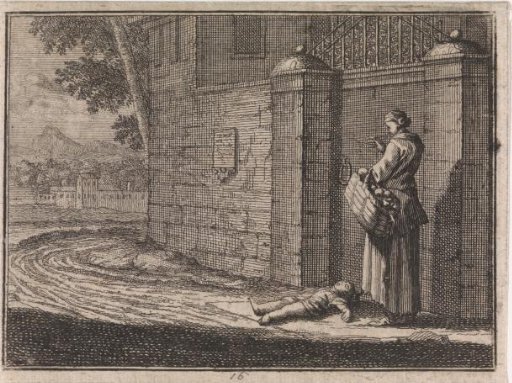 Fruit seller lays her dead child before the castle at Lille