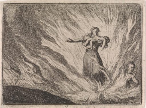Woman tearing a child apart with her teeth amidst hellish flames