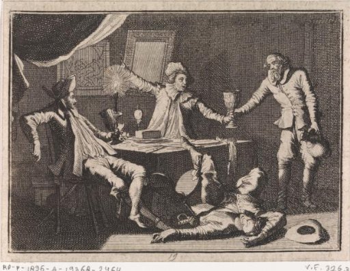 In a haunted house an old man offers three students drink, after which one falls dead