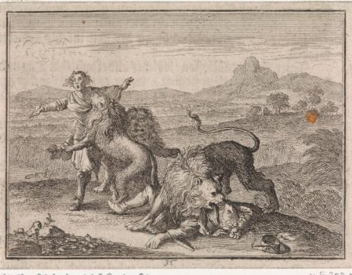 Two Abyssinian noblemen are torn apart by lions on the field they ruined during their hunt