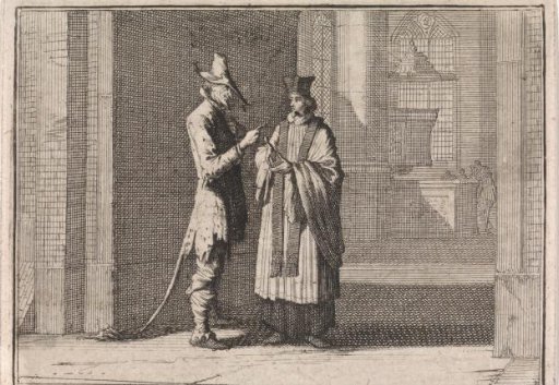 Pastor in conversation with the devil at the entrance of a church.
