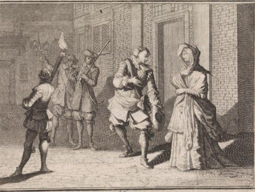 Woman meets her lover on the street at night.