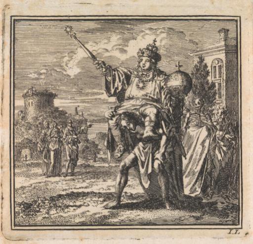 Man bends under the weight of the dignitary on his back, whose cloak is carried by death and the devil.