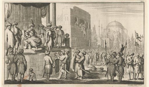 Man on throne negotiating with the leaders of the rebellious Janissaries in Constantinople