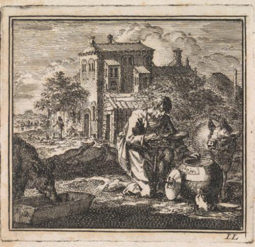 Poor man sits among the pigs and takes food from a vessel in the shape of the world.