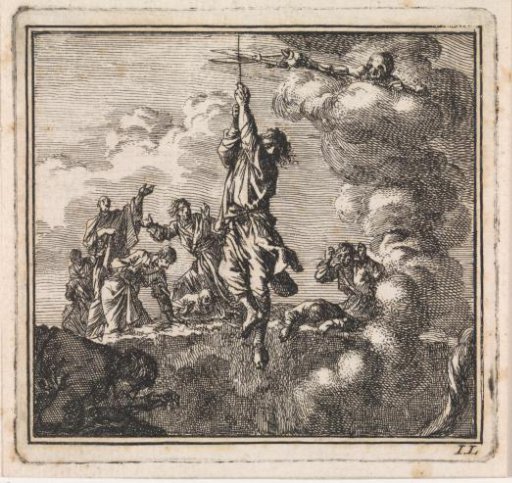 Above a volcano, a man hangs from a rope, which is cut by death.