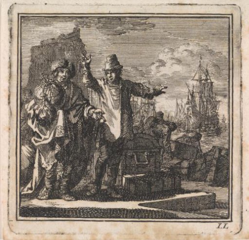Conversation in the harbour between a man with the world in his hands and a poorly dressed man with treasures