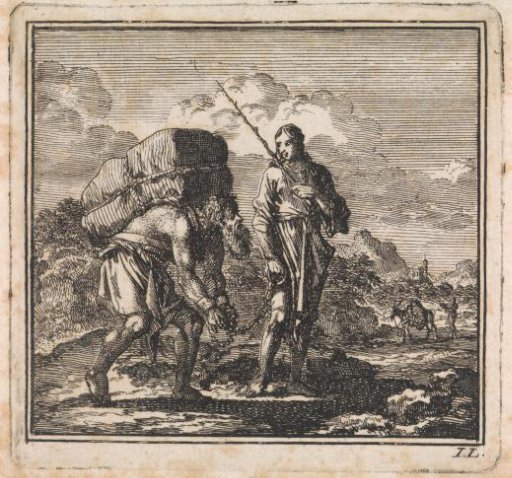A bent and chained man led by the soul
