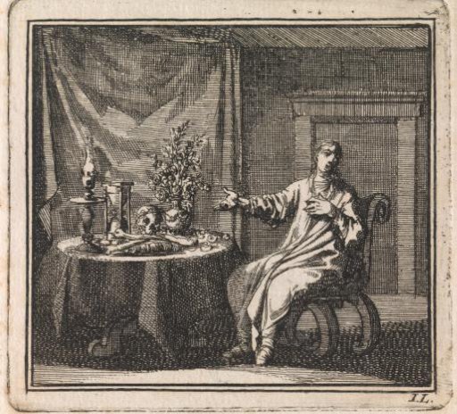 Woman pointing at the vanitas symbols on the table before her