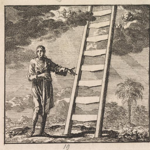 Man pointing at a ladder reaching into heaven