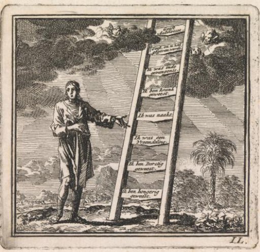 Man pointing at a ladder reaching into heaven